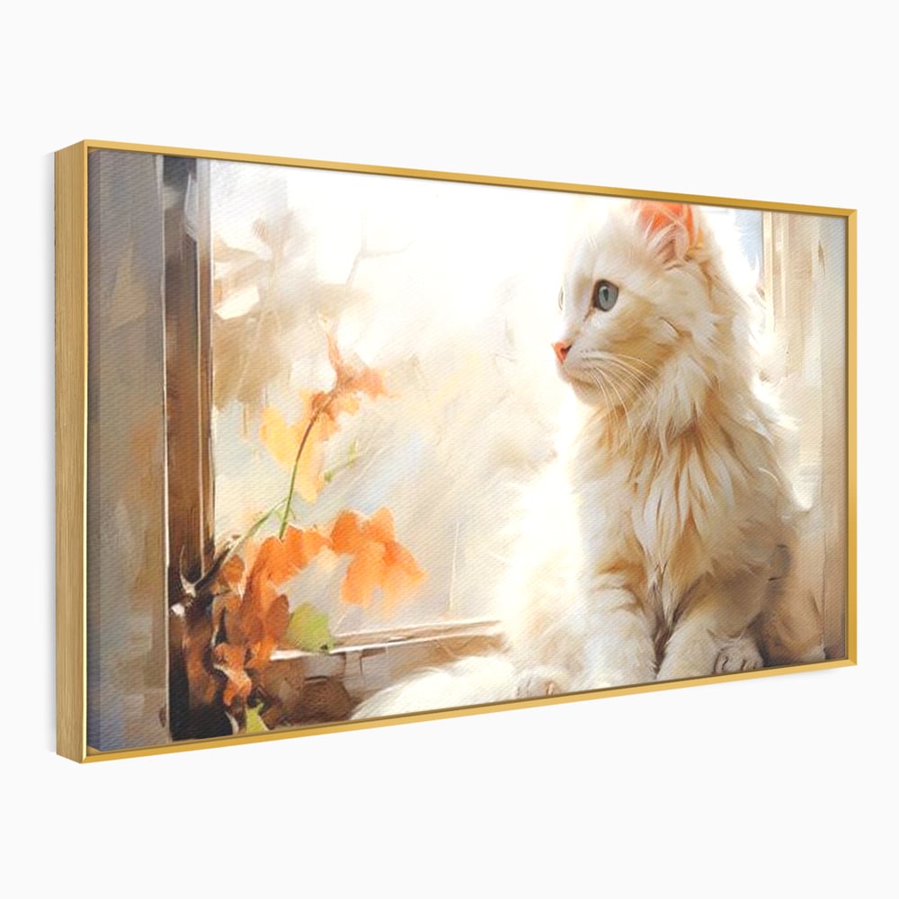 Tablou Canvas Premium, LuxCanva® M1185, Pufos si Ganditor, Pisica, Alb, Fereastra, Flori, Frunze, Puf, Gingas, Pastel, Pictura, Poetic, Liniste, Luminos, Birou, Living, Camera Copil