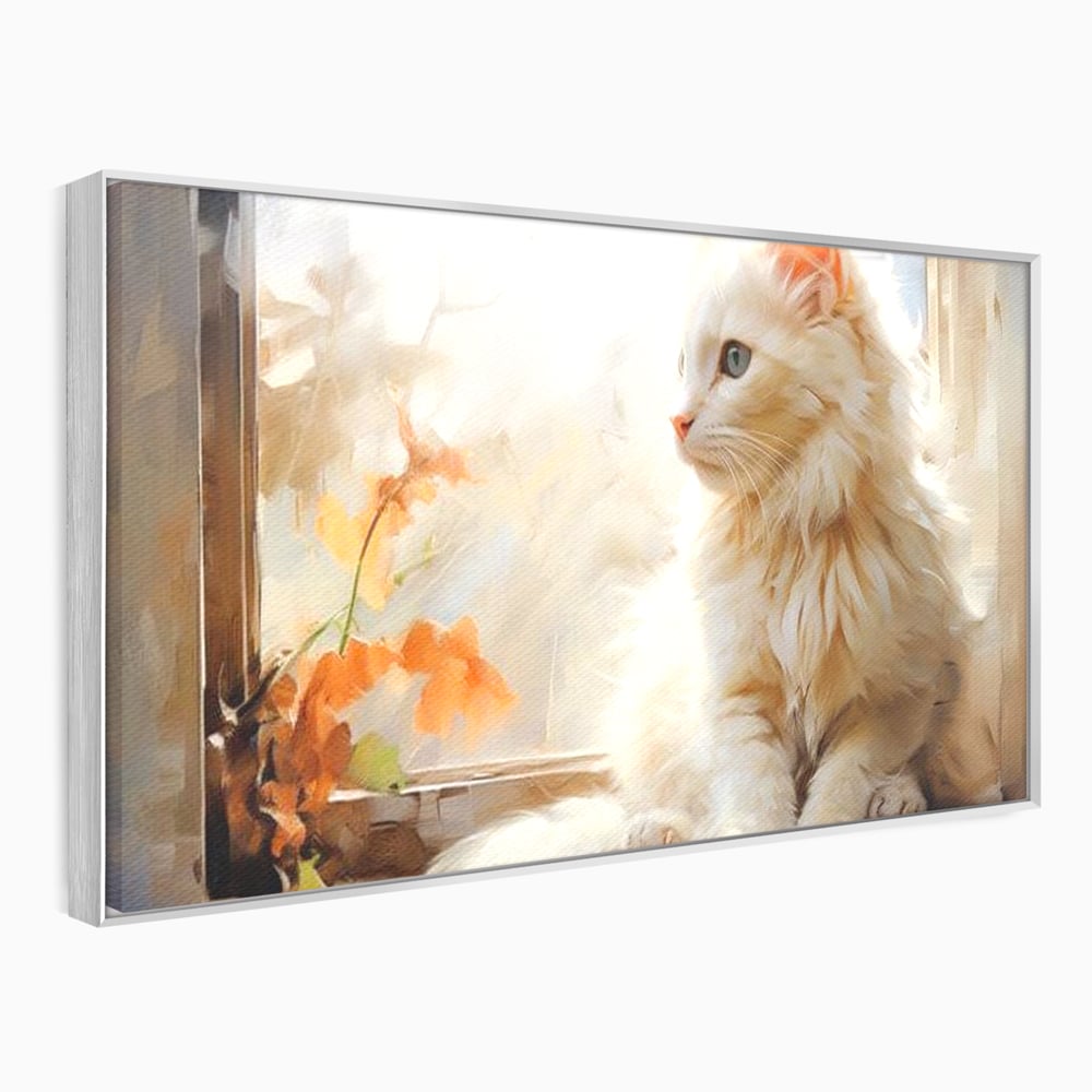 Tablou Canvas Premium, LuxCanva® M1185, Pufos si Ganditor, Pisica, Alb, Fereastra, Flori, Frunze, Puf, Gingas, Pastel, Pictura, Poetic, Liniste, Luminos, Birou, Living, Camera Copil