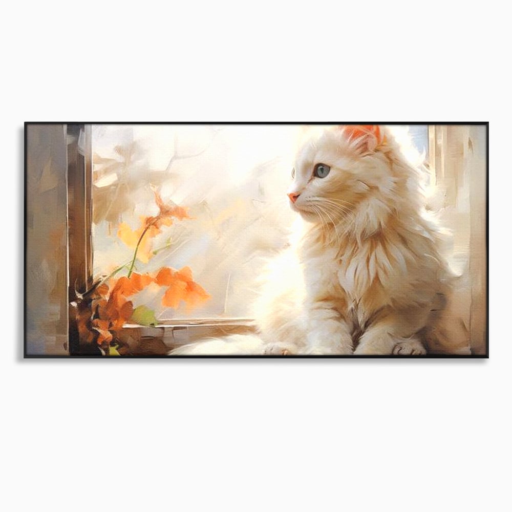 Tablou Canvas Premium, LuxCanva® M1185, Pufos si Ganditor, Pisica, Alb, Fereastra, Flori, Frunze, Puf, Gingas, Pastel, Pictura, Poetic, Liniste, Luminos, Birou, Living, Camera Copil