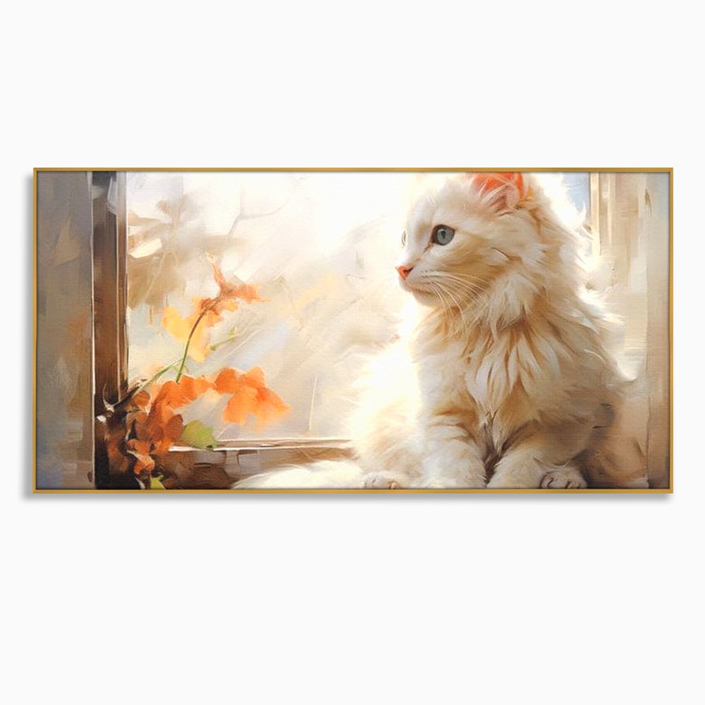 Tablou Canvas Premium, LuxCanva® M1185, Pufos si Ganditor, Pisica, Alb, Fereastra, Flori, Frunze, Puf, Gingas, Pastel, Pictura, Poetic, Liniste, Luminos, Birou, Living, Camera Copil