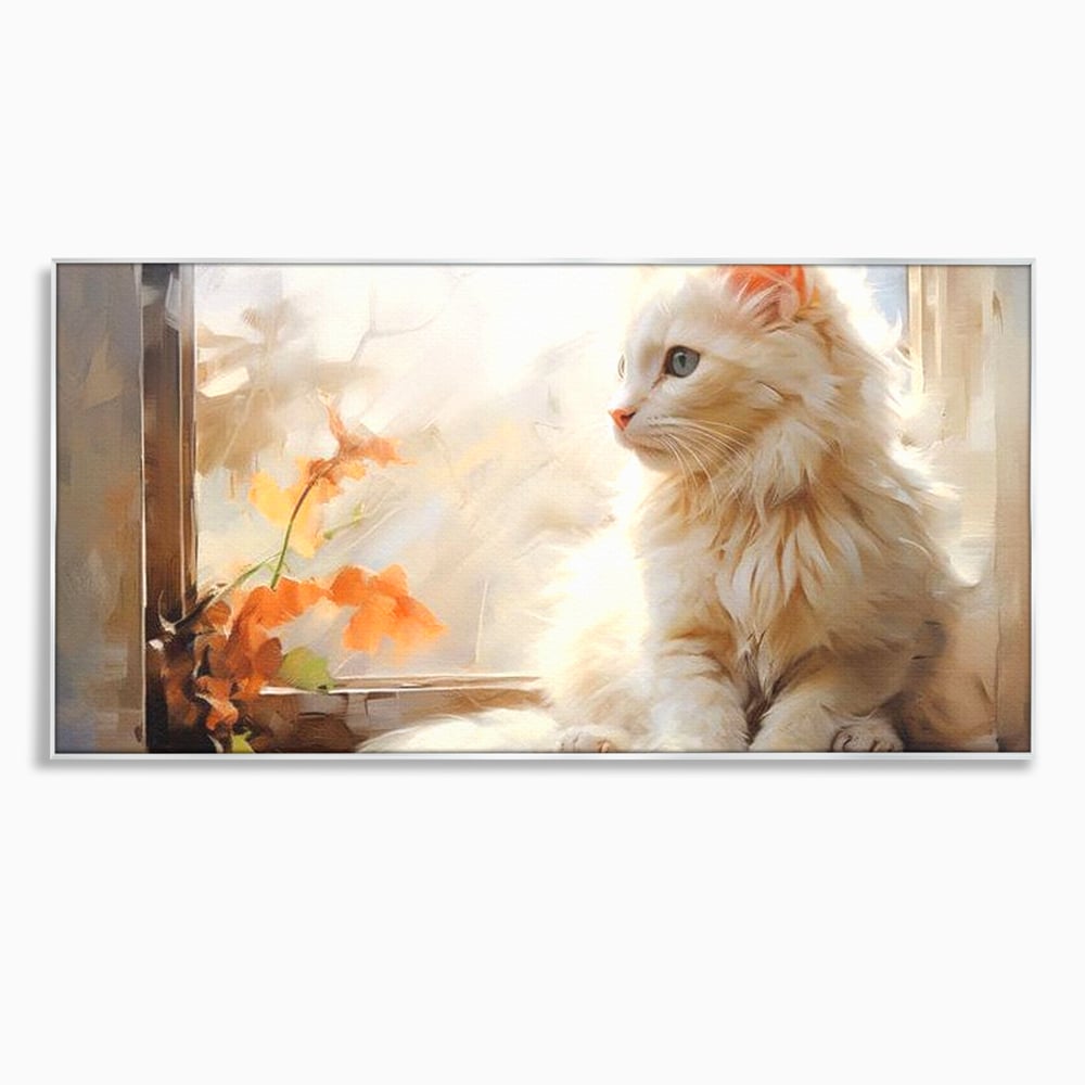 Tablou Canvas Premium, LuxCanva® M1185, Pufos si Ganditor, Pisica, Alb, Fereastra, Flori, Frunze, Puf, Gingas, Pastel, Pictura, Poetic, Liniste, Luminos, Birou, Living, Camera Copil