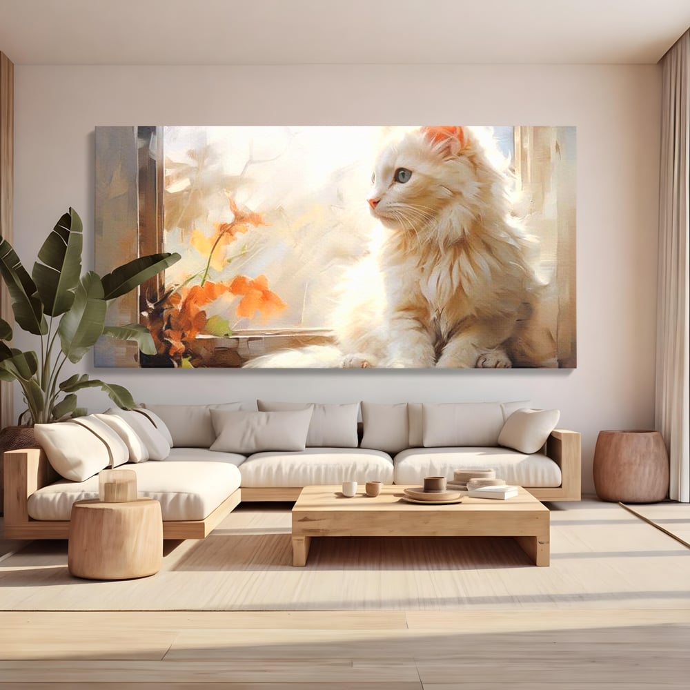 Tablou Canvas Premium, LuxCanva® M1185, Pufos si Ganditor, Pisica, Alb, Fereastra, Flori, Frunze, Puf, Gingas, Pastel, Pictura, Poetic, Liniste, Luminos, Birou, Living, Camera Copil