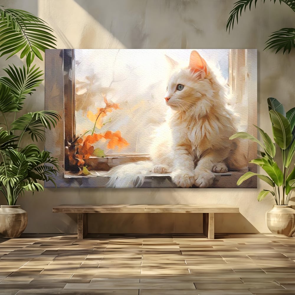Tablou Canvas Premium, LuxCanva® M1185, Pufos si Ganditor, Pisica, Alb, Fereastra, Flori, Frunze, Puf, Gingas, Pastel, Pictura, Poetic, Liniste, Luminos, Birou, Living, Camera Copil