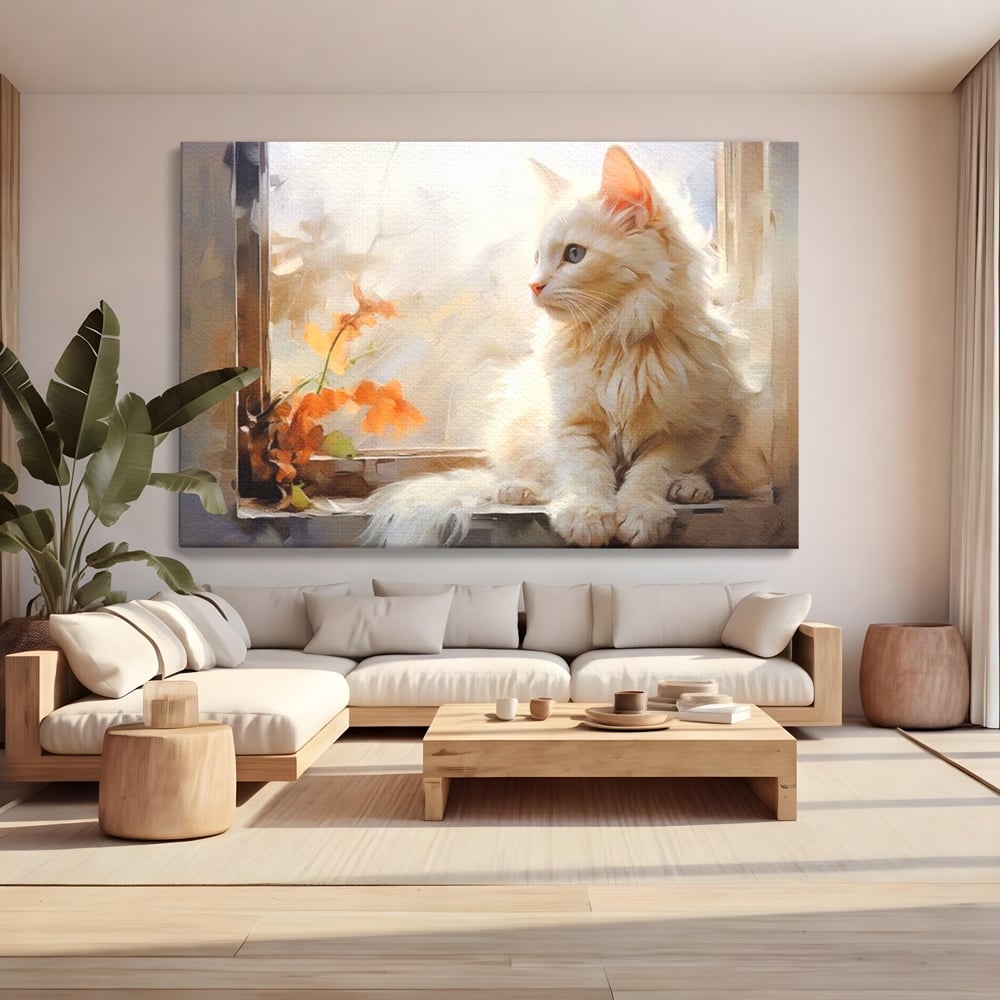 Tablou Canvas Premium, LuxCanva® M1185, Pufos si Ganditor, Pisica, Alb, Fereastra, Flori, Frunze, Puf, Gingas, Pastel, Pictura, Poetic, Liniste, Luminos, Birou, Living, Camera Copil