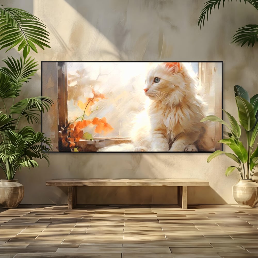 Tablou Canvas Premium, LuxCanva® M1185, Pufos si Ganditor, Pisica, Alb, Fereastra, Flori, Frunze, Puf, Gingas, Pastel, Pictura, Poetic, Liniste, Luminos, Birou, Living, Camera Copil