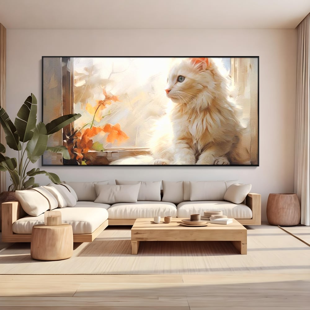 Tablou Canvas Premium, LuxCanva® M1185, Pufos si Ganditor, Pisica, Alb, Fereastra, Flori, Frunze, Puf, Gingas, Pastel, Pictura, Poetic, Liniste, Luminos, Birou, Living, Camera Copil