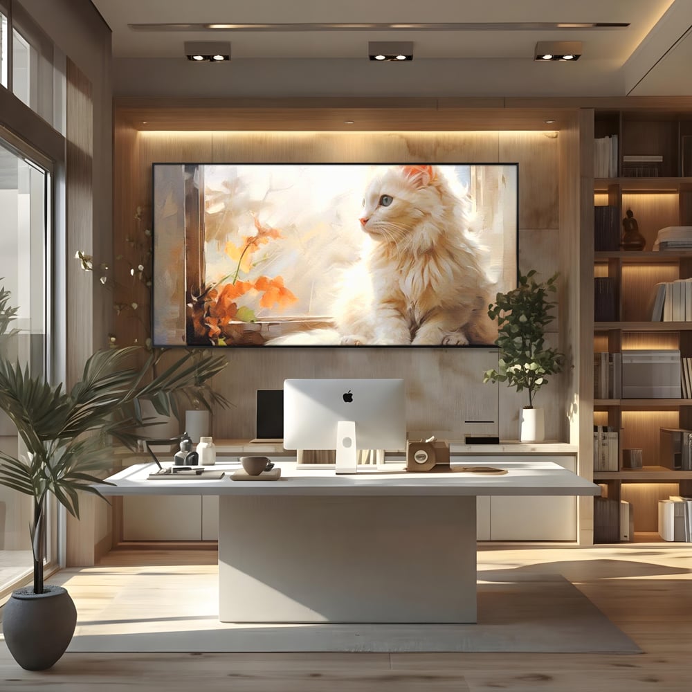 Tablou Canvas Premium, LuxCanva® M1185, Pufos si Ganditor, Pisica, Alb, Fereastra, Flori, Frunze, Puf, Gingas, Pastel, Pictura, Poetic, Liniste, Luminos, Birou, Living, Camera Copil