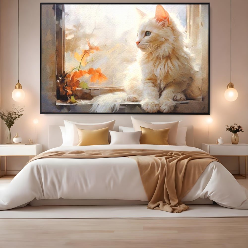 Tablou Canvas Premium, LuxCanva® M1185, Pufos si Ganditor, Pisica, Alb, Fereastra, Flori, Frunze, Puf, Gingas, Pastel, Pictura, Poetic, Liniste, Luminos, Birou, Living, Camera Copil