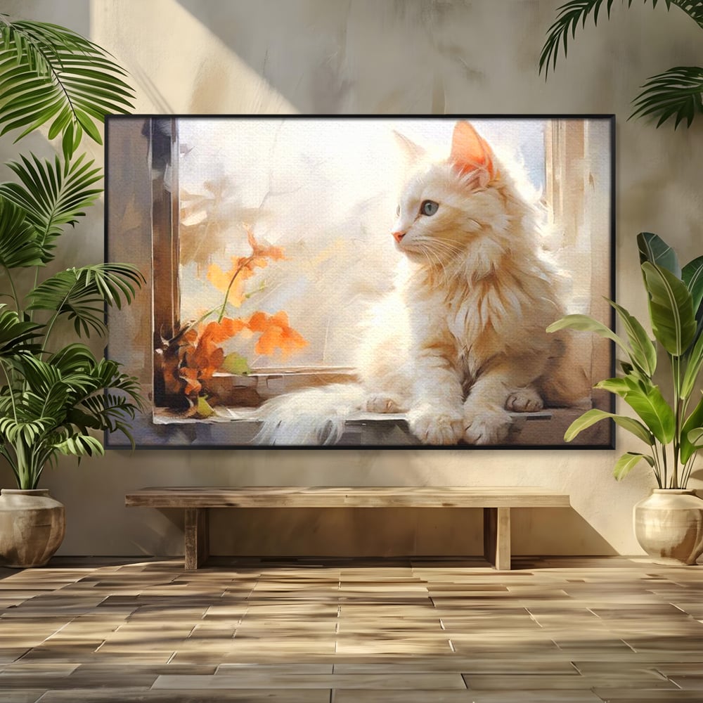 Tablou Canvas Premium, LuxCanva® M1185, Pufos si Ganditor, Pisica, Alb, Fereastra, Flori, Frunze, Puf, Gingas, Pastel, Pictura, Poetic, Liniste, Luminos, Birou, Living, Camera Copil