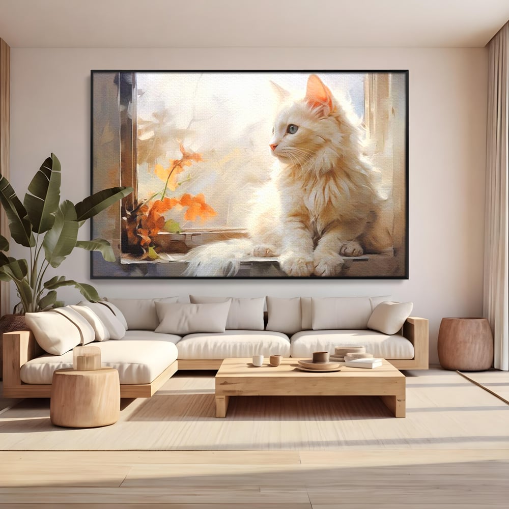 Tablou Canvas Premium, LuxCanva® M1185, Pufos si Ganditor, Pisica, Alb, Fereastra, Flori, Frunze, Puf, Gingas, Pastel, Pictura, Poetic, Liniste, Luminos, Birou, Living, Camera Copil