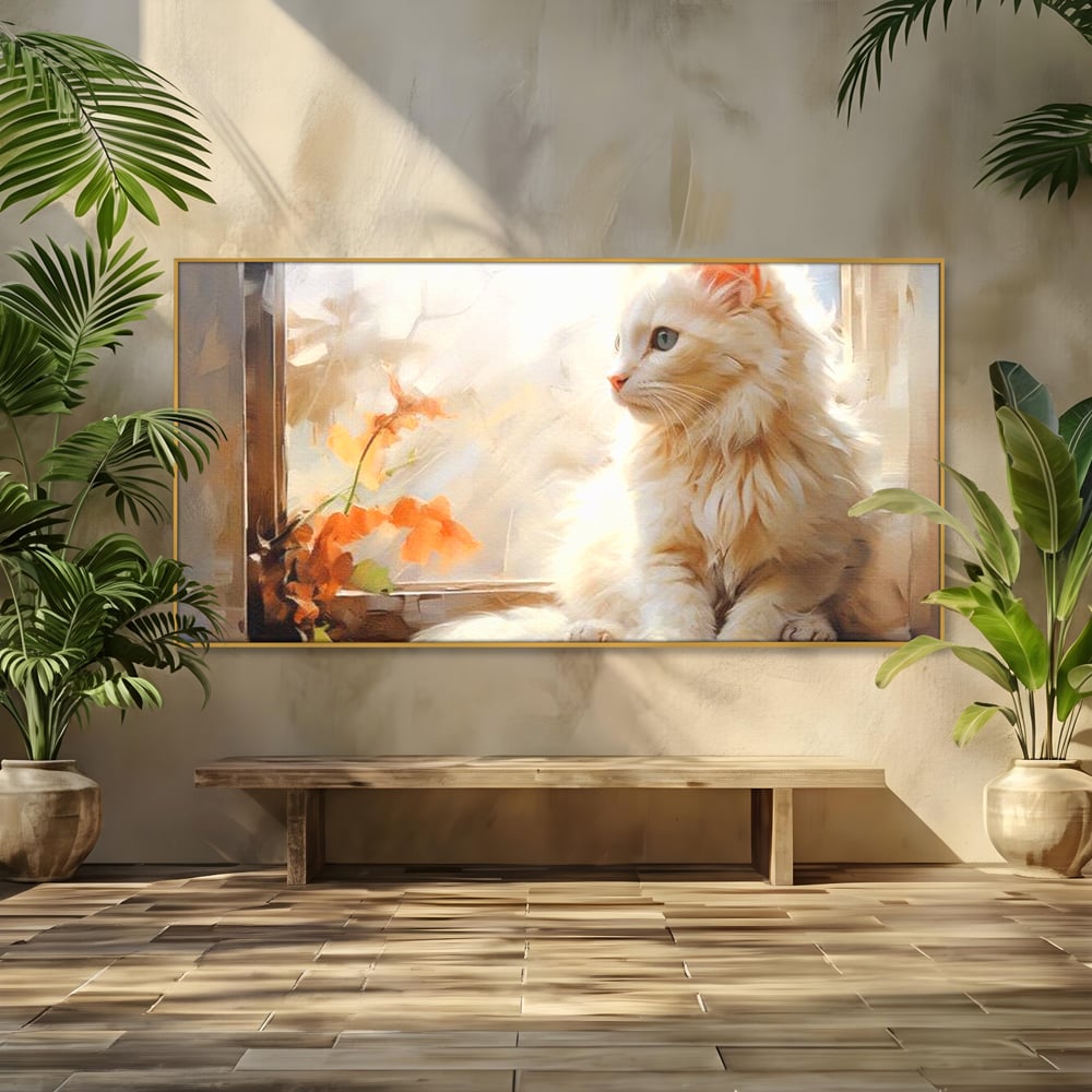 Tablou Canvas Premium, LuxCanva® M1185, Pufos si Ganditor, Pisica, Alb, Fereastra, Flori, Frunze, Puf, Gingas, Pastel, Pictura, Poetic, Liniste, Luminos, Birou, Living, Camera Copil