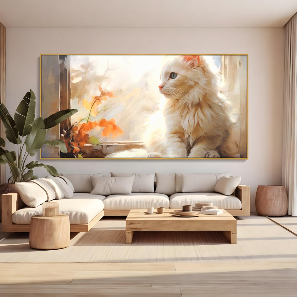Tablou Canvas Premium, LuxCanva® M1185, Pufos si Ganditor, Pisica, Alb, Fereastra, Flori, Frunze, Puf, Gingas, Pastel, Pictura, Poetic, Liniste, Luminos, Birou, Living, Camera Copil