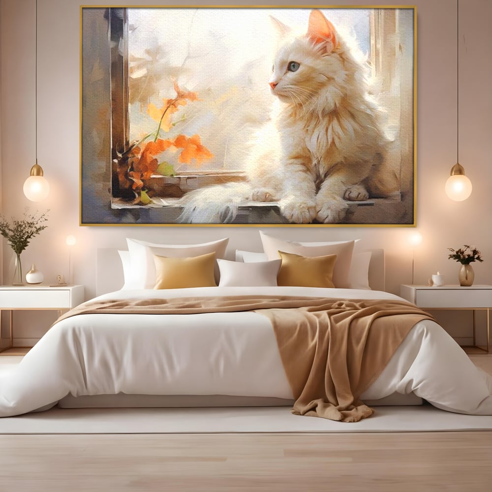 Tablou Canvas Premium, LuxCanva® M1185, Pufos si Ganditor, Pisica, Alb, Fereastra, Flori, Frunze, Puf, Gingas, Pastel, Pictura, Poetic, Liniste, Luminos, Birou, Living, Camera Copil