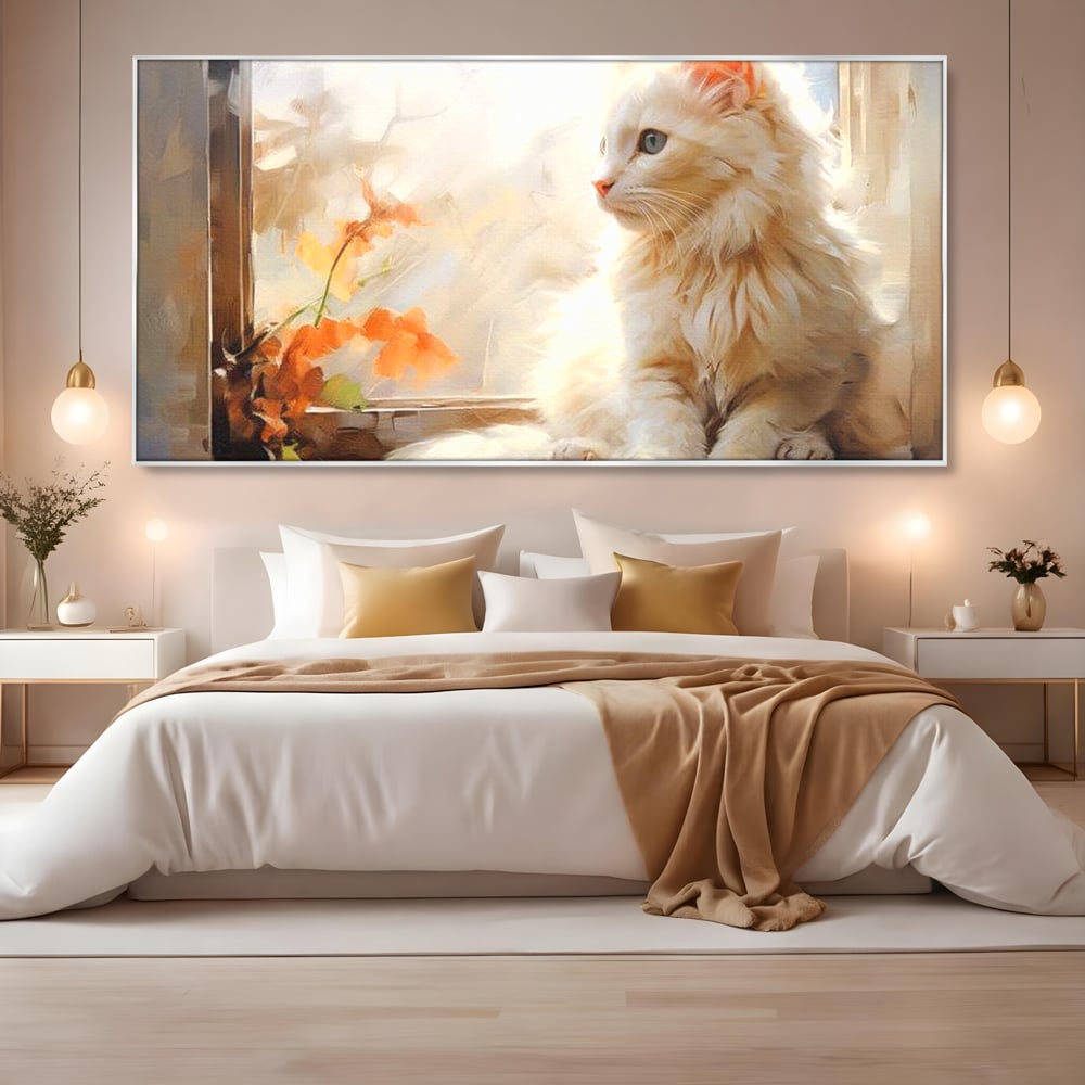 Tablou Canvas Premium, LuxCanva® M1185, Pufos si Ganditor, Pisica, Alb, Fereastra, Flori, Frunze, Puf, Gingas, Pastel, Pictura, Poetic, Liniste, Luminos, Birou, Living, Camera Copil