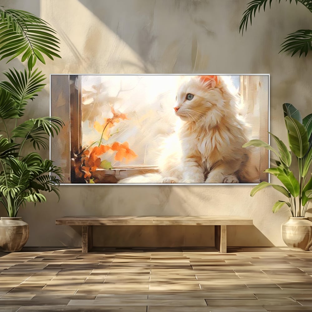 Tablou Canvas Premium, LuxCanva® M1185, Pufos si Ganditor, Pisica, Alb, Fereastra, Flori, Frunze, Puf, Gingas, Pastel, Pictura, Poetic, Liniste, Luminos, Birou, Living, Camera Copil