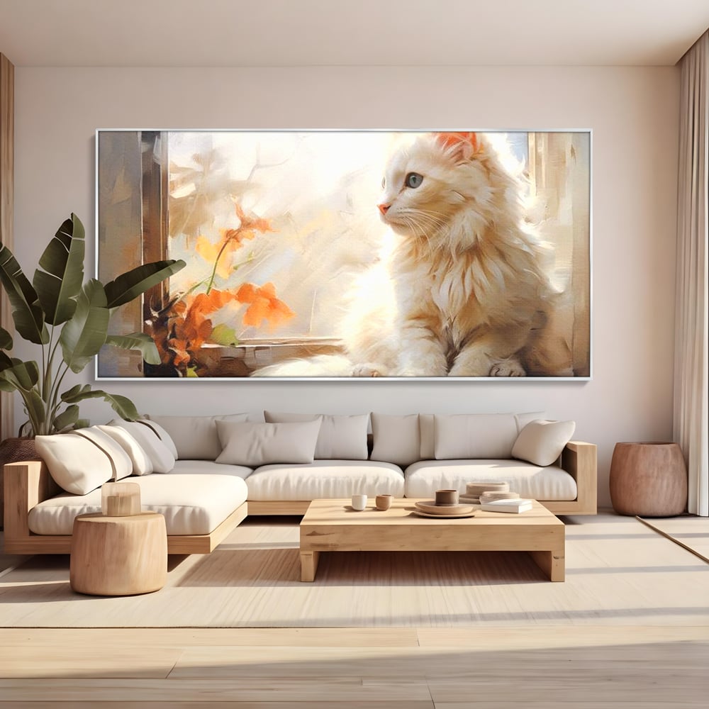 Tablou Canvas Premium, LuxCanva® M1185, Pufos si Ganditor, Pisica, Alb, Fereastra, Flori, Frunze, Puf, Gingas, Pastel, Pictura, Poetic, Liniste, Luminos, Birou, Living, Camera Copil