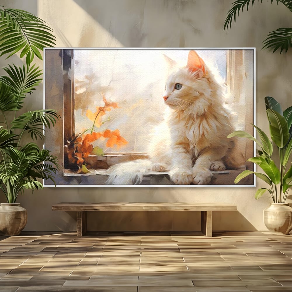 Tablou Canvas Premium, LuxCanva® M1185, Pufos si Ganditor, Pisica, Alb, Fereastra, Flori, Frunze, Puf, Gingas, Pastel, Pictura, Poetic, Liniste, Luminos, Birou, Living, Camera Copil