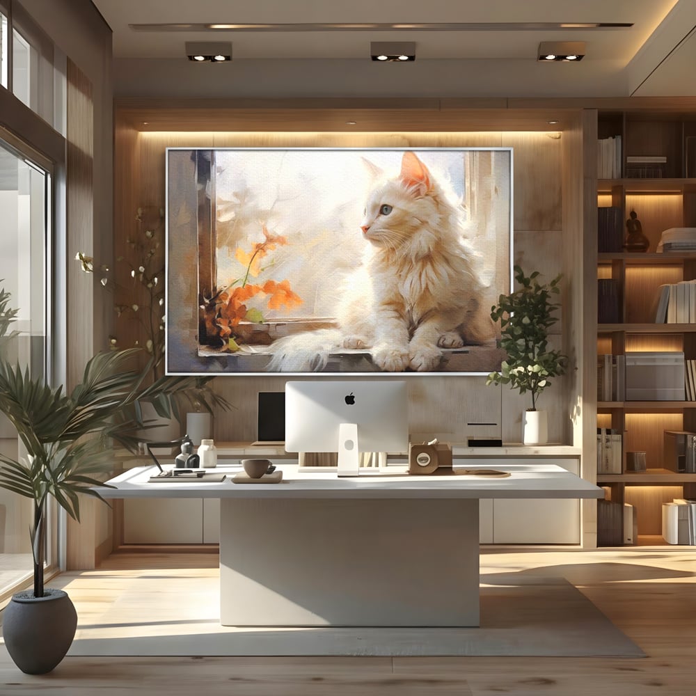 Tablou Canvas Premium, LuxCanva® M1185, Pufos si Ganditor, Pisica, Alb, Fereastra, Flori, Frunze, Puf, Gingas, Pastel, Pictura, Poetic, Liniste, Luminos, Birou, Living, Camera Copil
