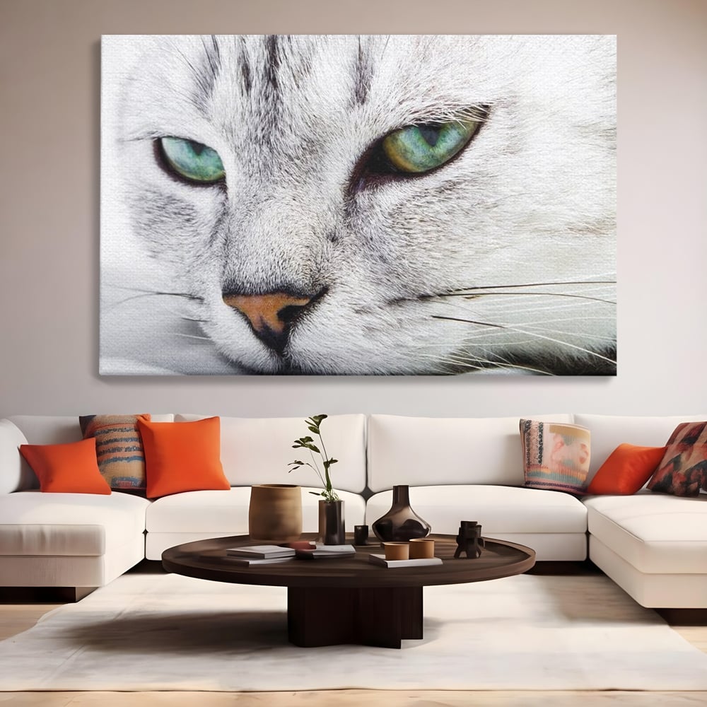 Tablou Canvas Premium, LuxCanva® M1187, Smarald Adormit, Pisica, Felina, Chip, Ochi, Verde, Privire, Portret, Vis, Relaxare, Natura, Blana, Birou, Living, Camera Copil