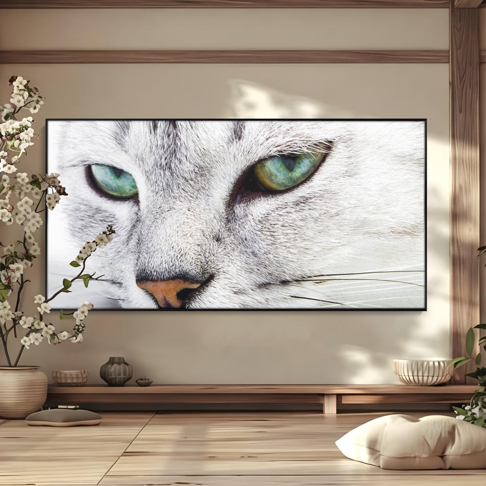 Tablou Canvas Premium, LuxCanva® M1187, Smarald Adormit, Pisica, Felina, Chip, Ochi, Verde, Privire, Portret, Vis, Relaxare, Natura, Blana, Birou, Living, Camera Copil