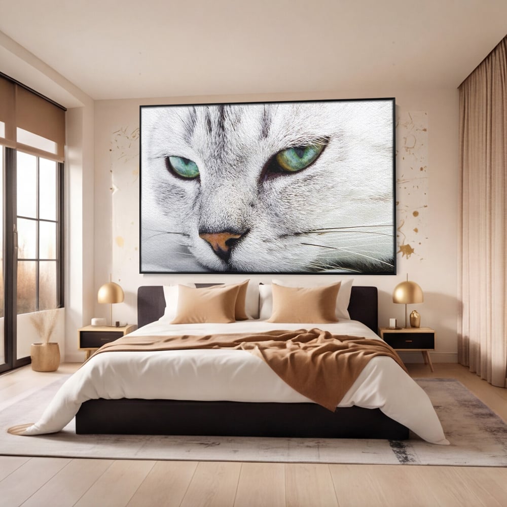 Tablou Canvas Premium, LuxCanva® M1187, Smarald Adormit, Pisica, Felina, Chip, Ochi, Verde, Privire, Portret, Vis, Relaxare, Natura, Blana, Birou, Living, Camera Copil