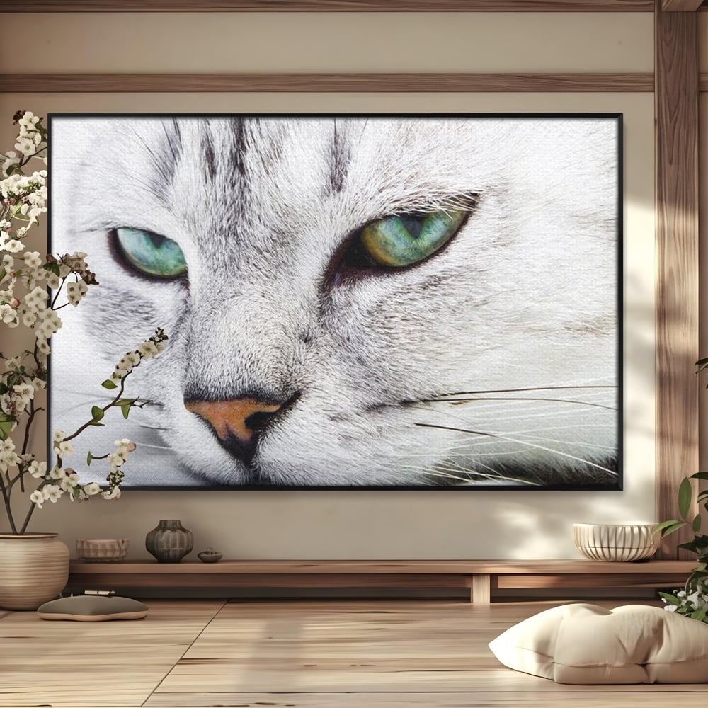 Tablou Canvas Premium, LuxCanva® M1187, Smarald Adormit, Pisica, Felina, Chip, Ochi, Verde, Privire, Portret, Vis, Relaxare, Natura, Blana, Birou, Living, Camera Copil