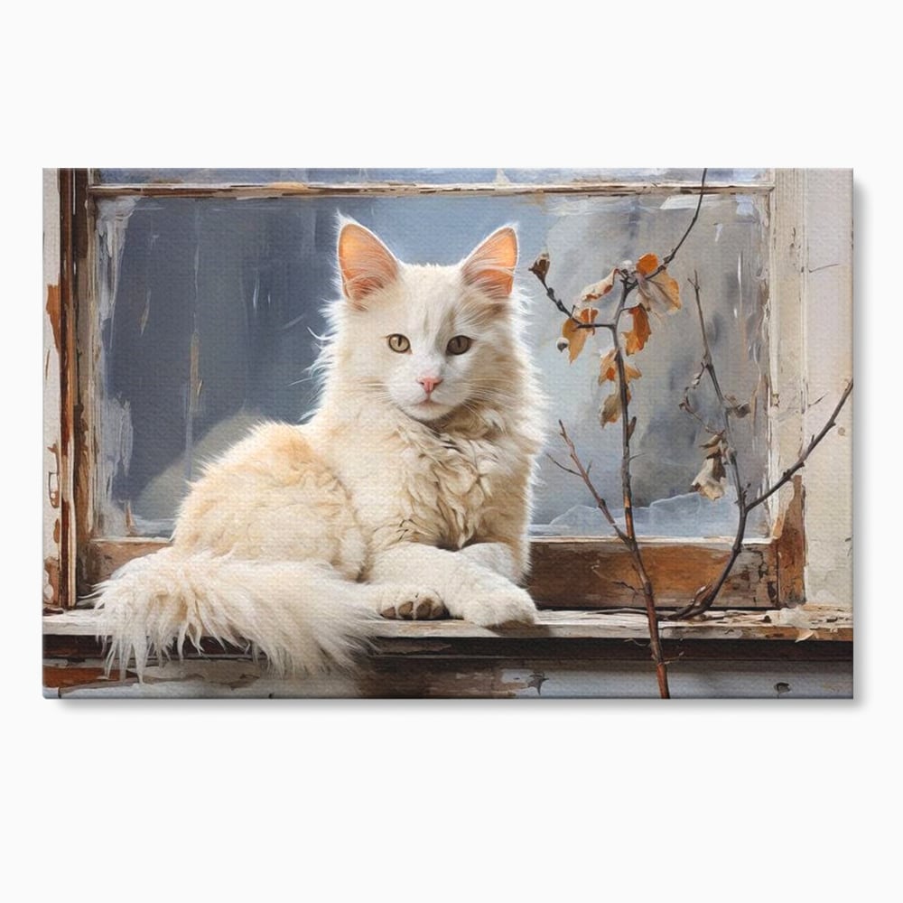 Tablou Canvas Premium, LuxCanva® M1190, Stapana Casei, Fereastra, Frunze, Crengi, Pictura, Pufos, Rustic, Pisica, Felina, Vintage, Melancolie, Relaxare, Blana, Coada, Birou, Living, Camera Copil