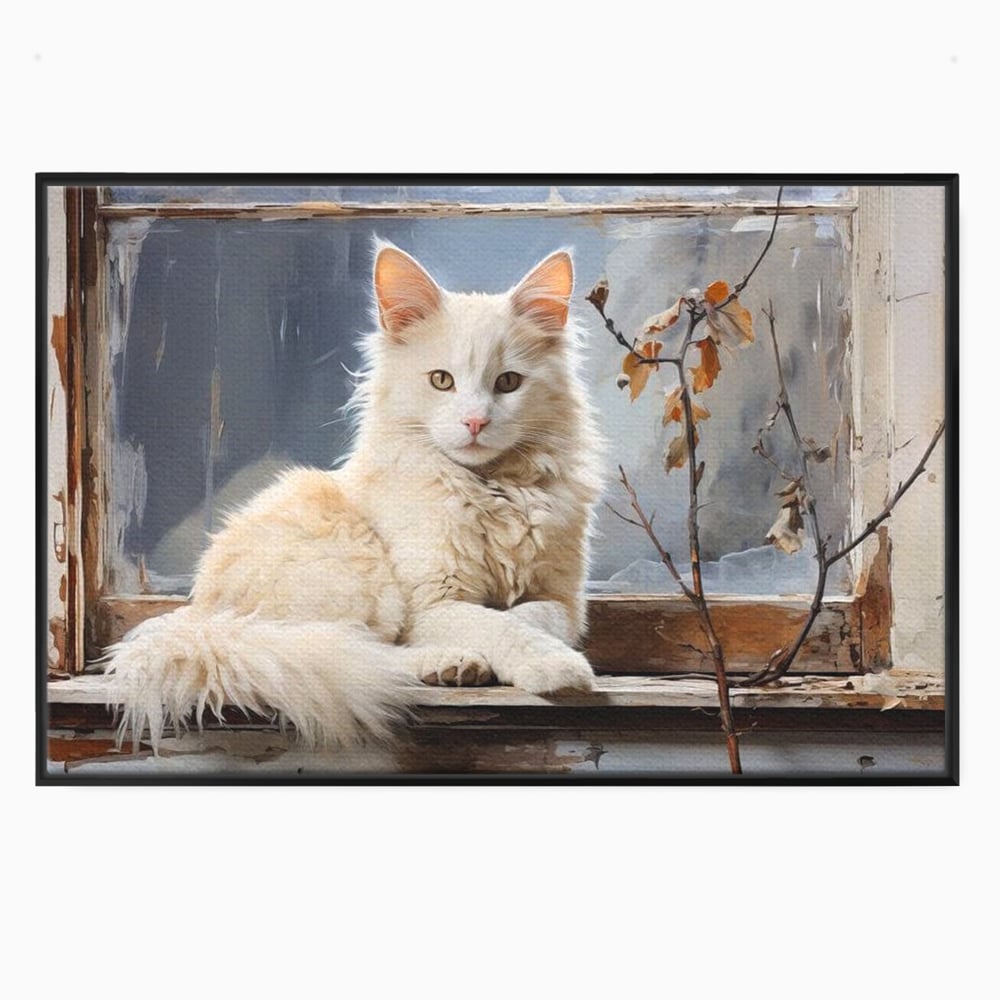 Tablou Canvas Premium, LuxCanva® M1190, Stapana Casei, Fereastra, Frunze, Crengi, Pictura, Pufos, Rustic, Pisica, Felina, Vintage, Melancolie, Relaxare, Blana, Coada, Birou, Living, Camera Copil
