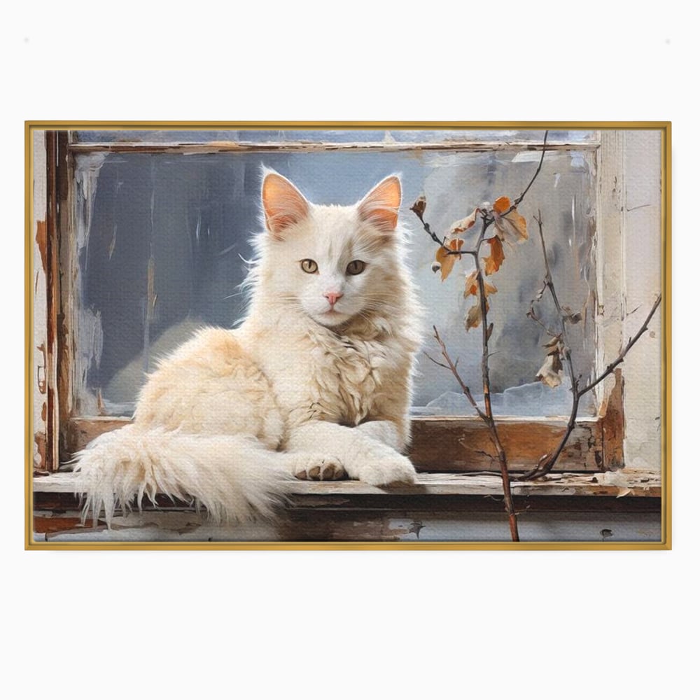 Tablou Canvas Premium, LuxCanva® M1190, Stapana Casei, Fereastra, Frunze, Crengi, Pictura, Pufos, Rustic, Pisica, Felina, Vintage, Melancolie, Relaxare, Blana, Coada, Birou, Living, Camera Copil