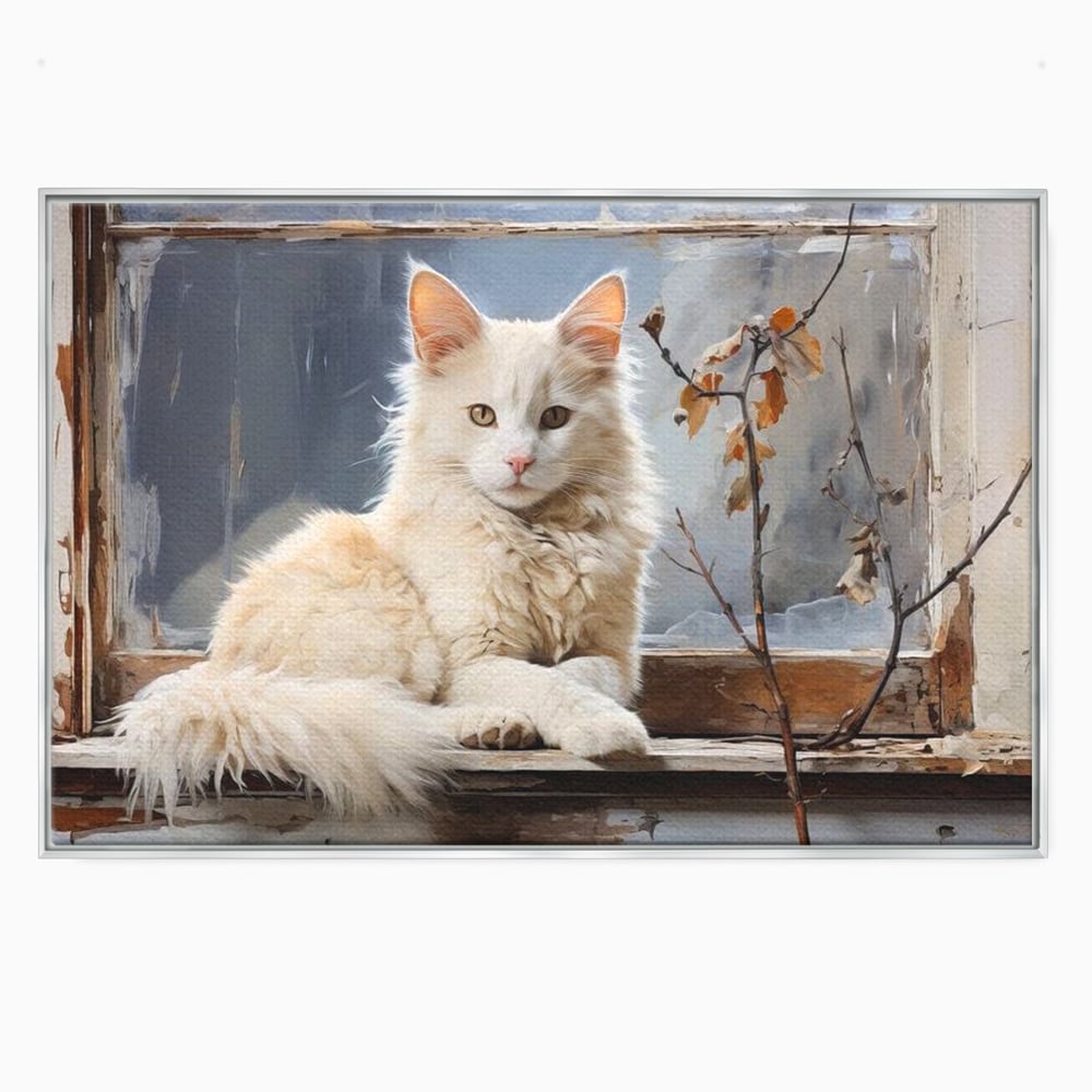 Tablou Canvas Premium, LuxCanva® M1190, Stapana Casei, Fereastra, Frunze, Crengi, Pictura, Pufos, Rustic, Pisica, Felina, Vintage, Melancolie, Relaxare, Blana, Coada, Birou, Living, Camera Copil