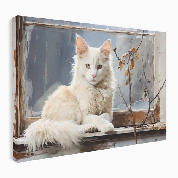Tablou Canvas Premium, LuxCanva® M1190, Stapana Casei, Fereastra, Frunze, Crengi, Pictura, Pufos, Rustic, Pisica, Felina, Vintage, Melancolie, Relaxare, Blana, Coada, Birou, Living, Camera Copil