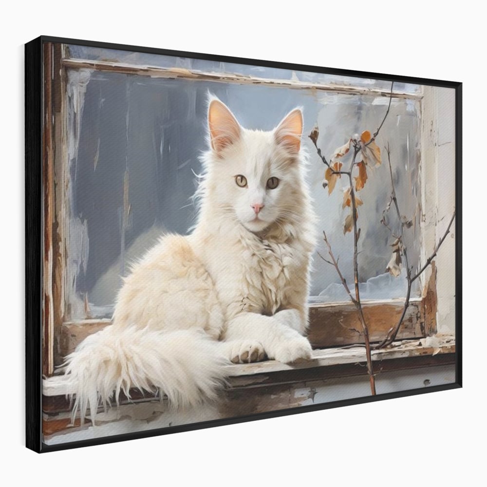 Tablou Canvas Premium, LuxCanva® M1190, Stapana Casei, Fereastra, Frunze, Crengi, Pictura, Pufos, Rustic, Pisica, Felina, Vintage, Melancolie, Relaxare, Blana, Coada, Birou, Living, Camera Copil