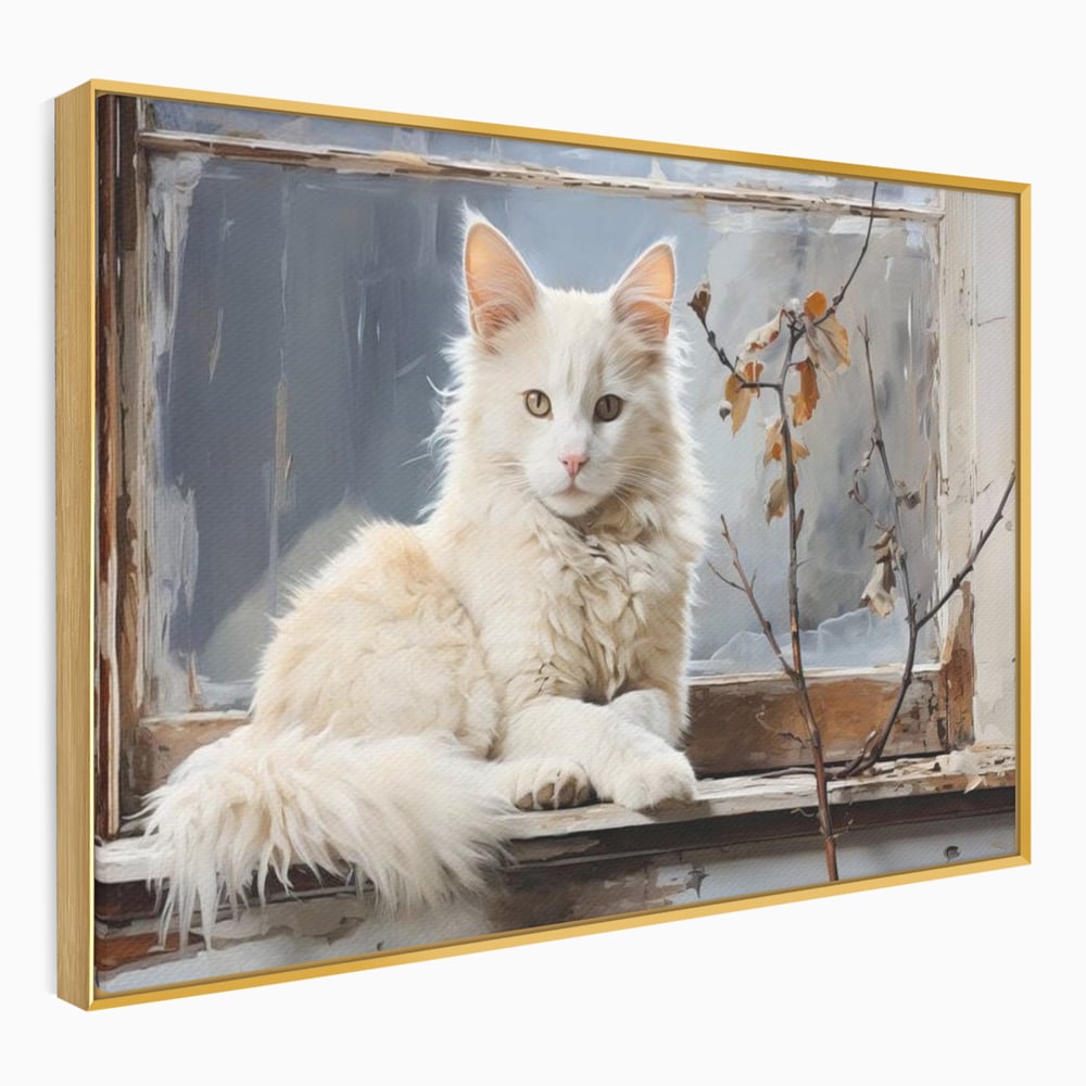 Tablou Canvas Premium, LuxCanva® M1190, Stapana Casei, Fereastra, Frunze, Crengi, Pictura, Pufos, Rustic, Pisica, Felina, Vintage, Melancolie, Relaxare, Blana, Coada, Birou, Living, Camera Copil