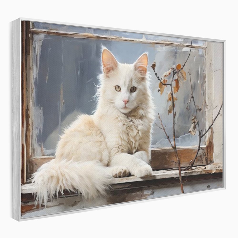 Tablou Canvas Premium, LuxCanva® M1190, Stapana Casei, Fereastra, Frunze, Crengi, Pictura, Pufos, Rustic, Pisica, Felina, Vintage, Melancolie, Relaxare, Blana, Coada, Birou, Living, Camera Copil