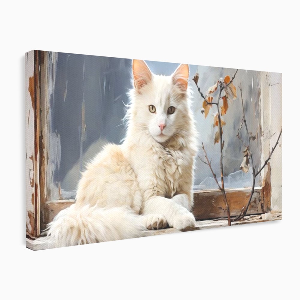 Tablou Canvas Premium, LuxCanva® M1190, Stapana Casei, Fereastra, Frunze, Crengi, Pictura, Pufos, Rustic, Pisica, Felina, Vintage, Melancolie, Relaxare, Blana, Coada, Birou, Living, Camera Copil