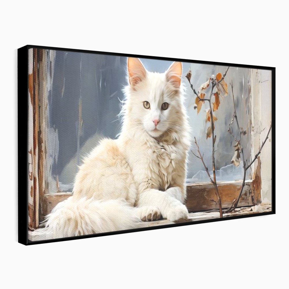 Tablou Canvas Premium, LuxCanva® M1190, Stapana Casei, Fereastra, Frunze, Crengi, Pictura, Pufos, Rustic, Pisica, Felina, Vintage, Melancolie, Relaxare, Blana, Coada, Birou, Living, Camera Copil