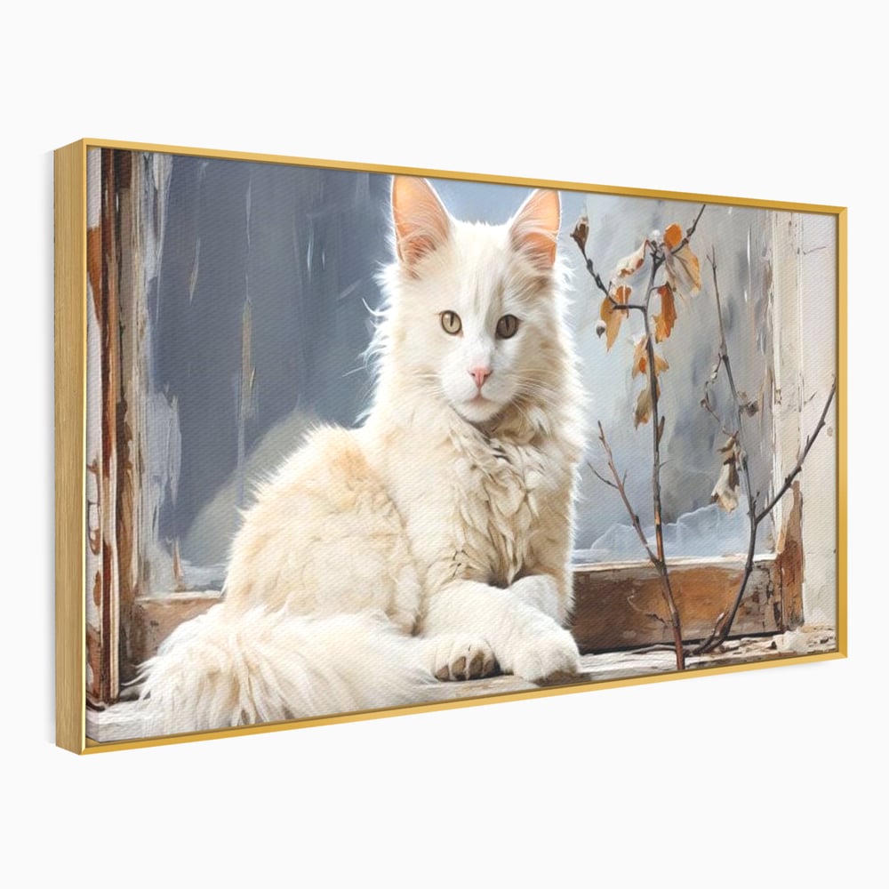 Tablou Canvas Premium, LuxCanva® M1190, Stapana Casei, Fereastra, Frunze, Crengi, Pictura, Pufos, Rustic, Pisica, Felina, Vintage, Melancolie, Relaxare, Blana, Coada, Birou, Living, Camera Copil