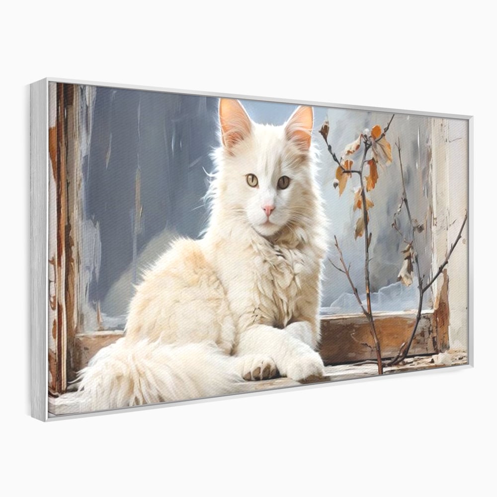 Tablou Canvas Premium, LuxCanva® M1190, Stapana Casei, Fereastra, Frunze, Crengi, Pictura, Pufos, Rustic, Pisica, Felina, Vintage, Melancolie, Relaxare, Blana, Coada, Birou, Living, Camera Copil