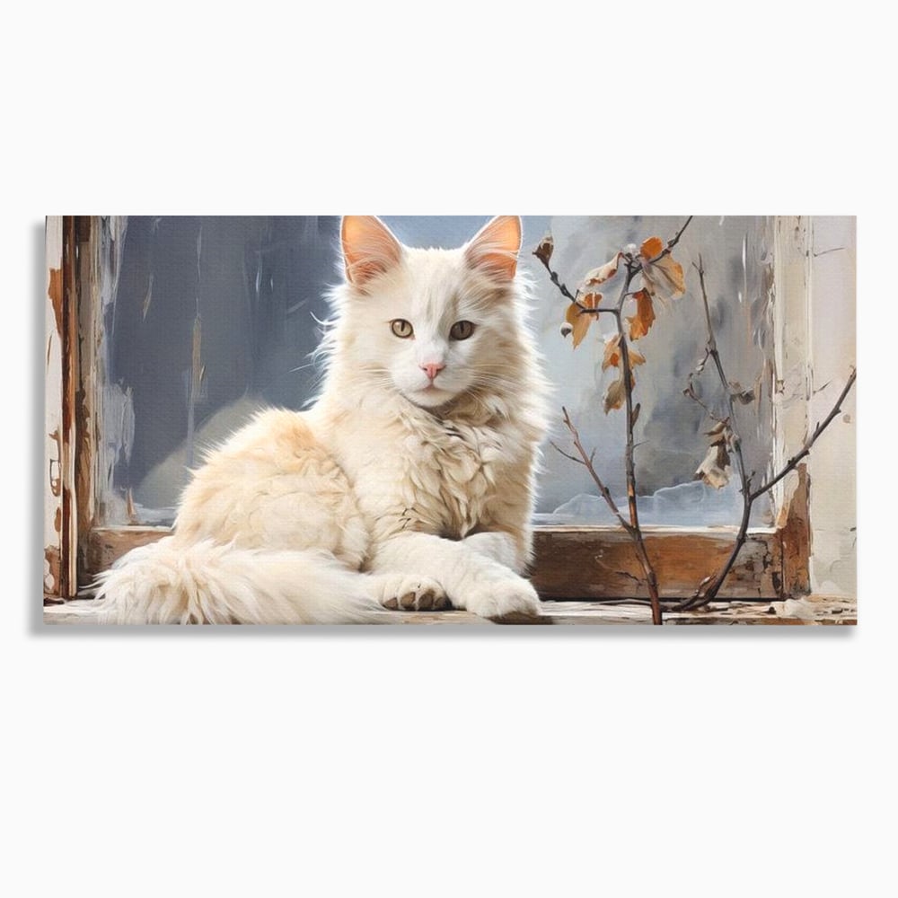 Tablou Canvas Premium, LuxCanva® M1190, Stapana Casei, Fereastra, Frunze, Crengi, Pictura, Pufos, Rustic, Pisica, Felina, Vintage, Melancolie, Relaxare, Blana, Coada, Birou, Living, Camera Copil