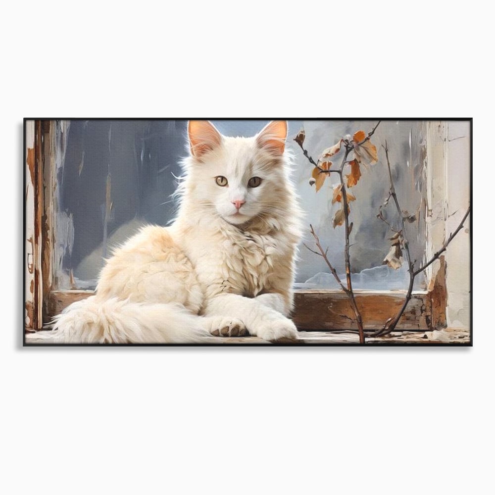 Tablou Canvas Premium, LuxCanva® M1190, Stapana Casei, Fereastra, Frunze, Crengi, Pictura, Pufos, Rustic, Pisica, Felina, Vintage, Melancolie, Relaxare, Blana, Coada, Birou, Living, Camera Copil