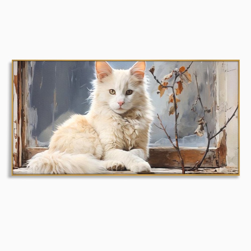Tablou Canvas Premium, LuxCanva® M1190, Stapana Casei, Fereastra, Frunze, Crengi, Pictura, Pufos, Rustic, Pisica, Felina, Vintage, Melancolie, Relaxare, Blana, Coada, Birou, Living, Camera Copil