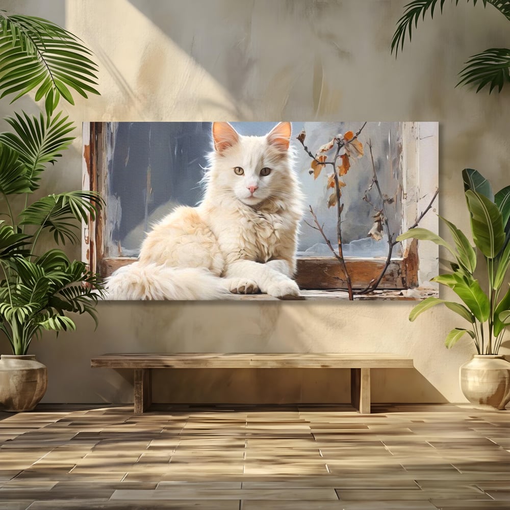 Tablou Canvas Premium, LuxCanva® M1190, Stapana Casei, Fereastra, Frunze, Crengi, Pictura, Pufos, Rustic, Pisica, Felina, Vintage, Melancolie, Relaxare, Blana, Coada, Birou, Living, Camera Copil