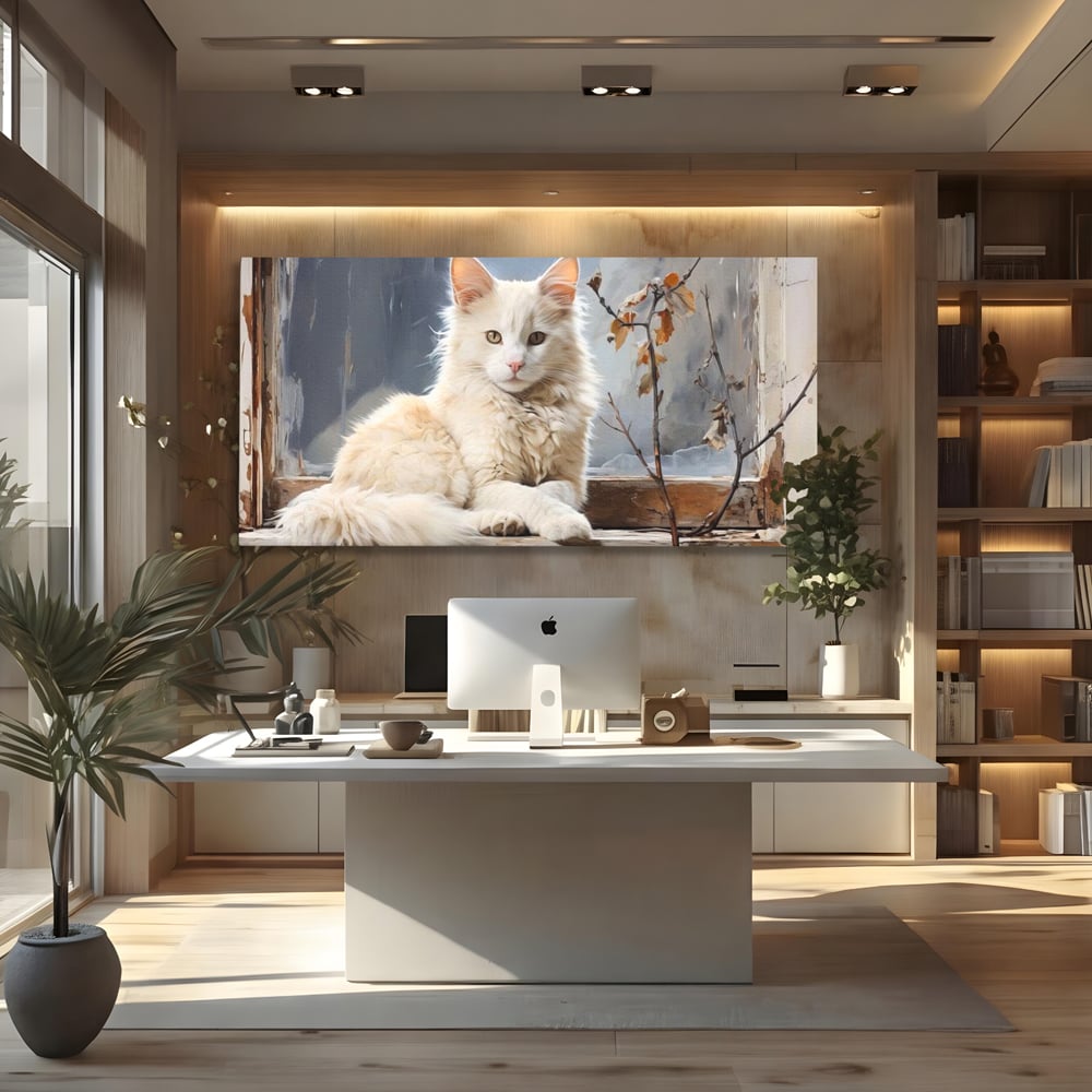 Tablou Canvas Premium, LuxCanva® M1190, Stapana Casei, Fereastra, Frunze, Crengi, Pictura, Pufos, Rustic, Pisica, Felina, Vintage, Melancolie, Relaxare, Blana, Coada, Birou, Living, Camera Copil