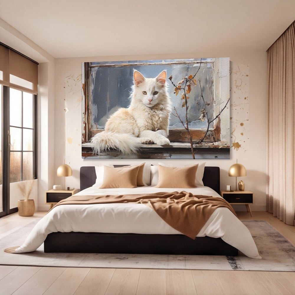Tablou Canvas Premium, LuxCanva® M1190, Stapana Casei, Fereastra, Frunze, Crengi, Pictura, Pufos, Rustic, Pisica, Felina, Vintage, Melancolie, Relaxare, Blana, Coada, Birou, Living, Camera Copil