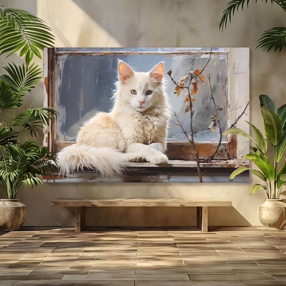 Tablou Canvas Premium, LuxCanva® M1190, Stapana Casei, Fereastra, Frunze, Crengi, Pictura, Pufos, Rustic, Pisica, Felina, Vintage, Melancolie, Relaxare, Blana, Coada, Birou, Living, Camera Copil
