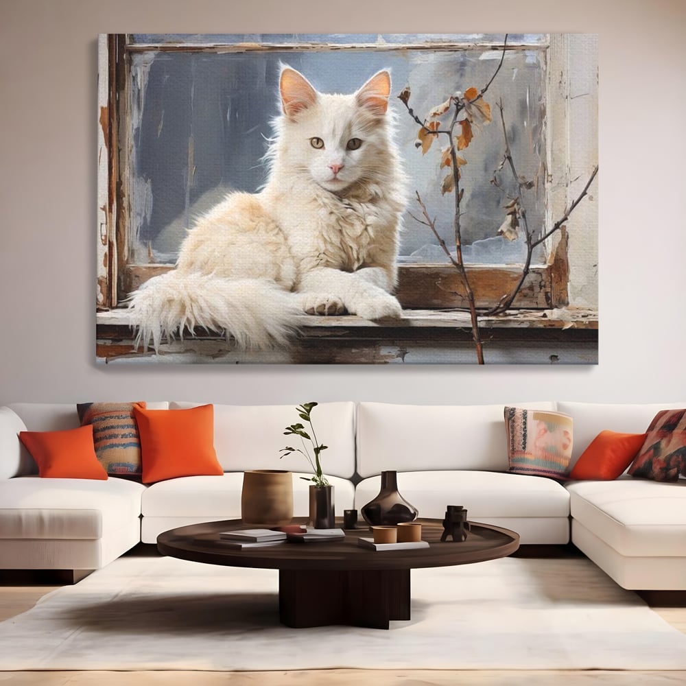 Tablou Canvas Premium, LuxCanva® M1190, Stapana Casei, Fereastra, Frunze, Crengi, Pictura, Pufos, Rustic, Pisica, Felina, Vintage, Melancolie, Relaxare, Blana, Coada, Birou, Living, Camera Copil