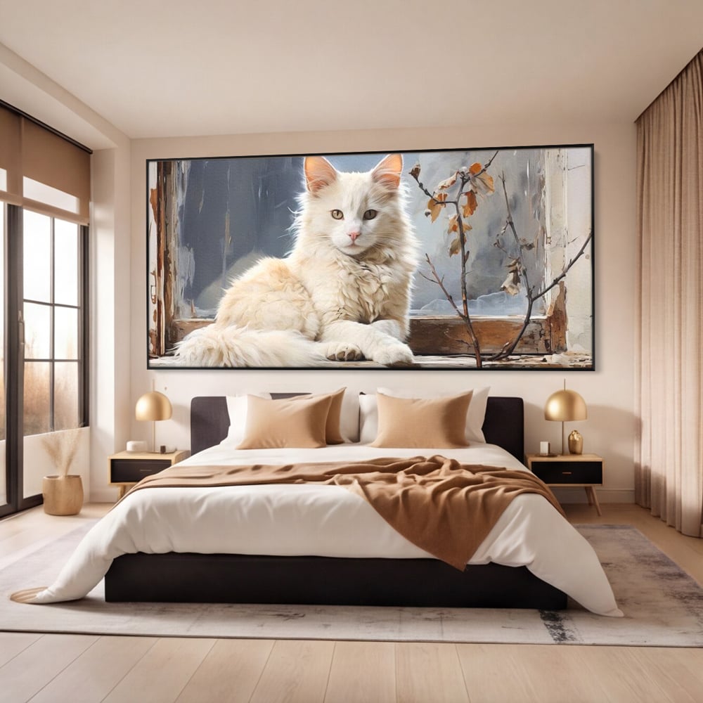 Tablou Canvas Premium, LuxCanva® M1190, Stapana Casei, Fereastra, Frunze, Crengi, Pictura, Pufos, Rustic, Pisica, Felina, Vintage, Melancolie, Relaxare, Blana, Coada, Birou, Living, Camera Copil