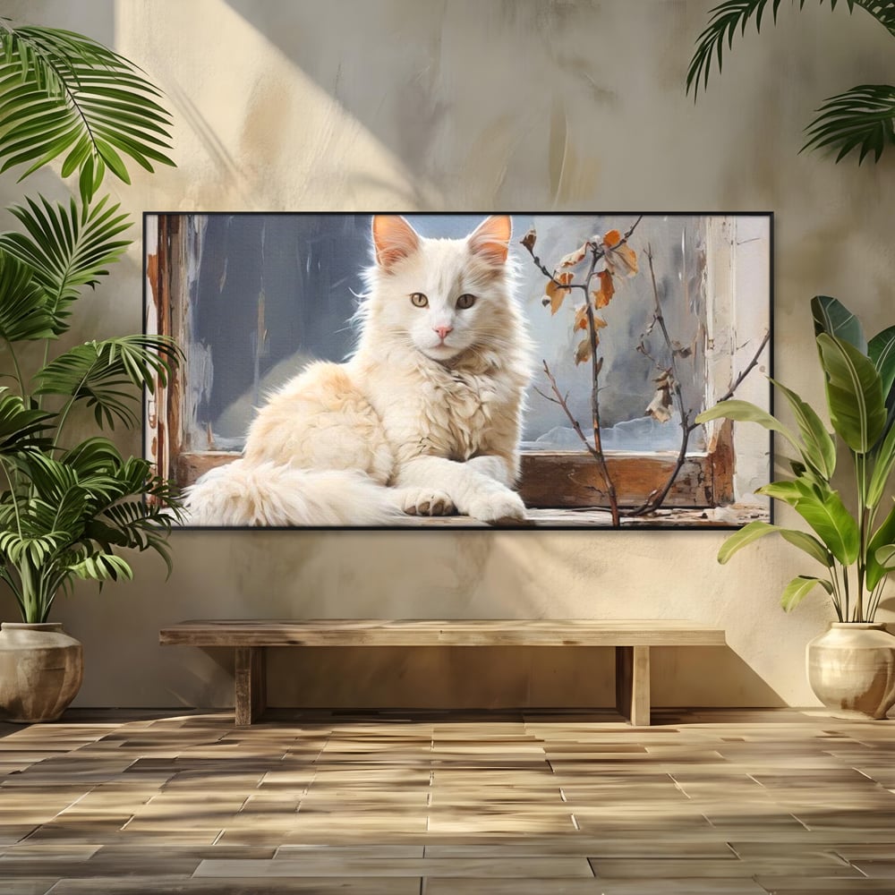 Tablou Canvas Premium, LuxCanva® M1190, Stapana Casei, Fereastra, Frunze, Crengi, Pictura, Pufos, Rustic, Pisica, Felina, Vintage, Melancolie, Relaxare, Blana, Coada, Birou, Living, Camera Copil