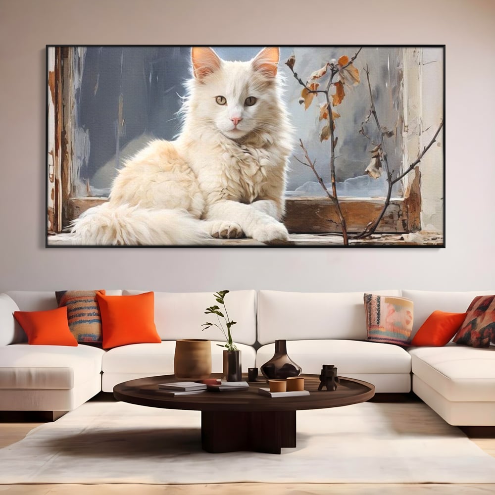 Tablou Canvas Premium, LuxCanva® M1190, Stapana Casei, Fereastra, Frunze, Crengi, Pictura, Pufos, Rustic, Pisica, Felina, Vintage, Melancolie, Relaxare, Blana, Coada, Birou, Living, Camera Copil