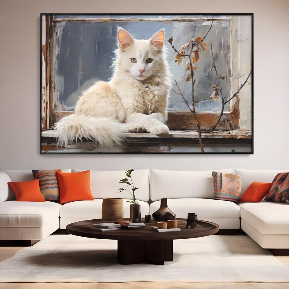 Tablou Canvas Premium, LuxCanva® M1190, Stapana Casei, Fereastra, Frunze, Crengi, Pictura, Pufos, Rustic, Pisica, Felina, Vintage, Melancolie, Relaxare, Blana, Coada, Birou, Living, Camera Copil